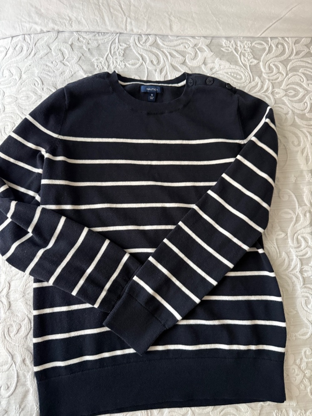 Nautica Men's Navy and White Striped Crewneck Sweater with Shoulder Buttons
